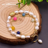 2 Layer Real Pearl Bracelet Colorful Stone Jewelry For Daughter Birthday Gift