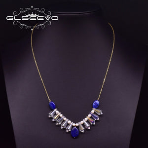 Natural Pearl Crystal Pendant Necklace Lapis Lazuli Silver 925 Jewelry