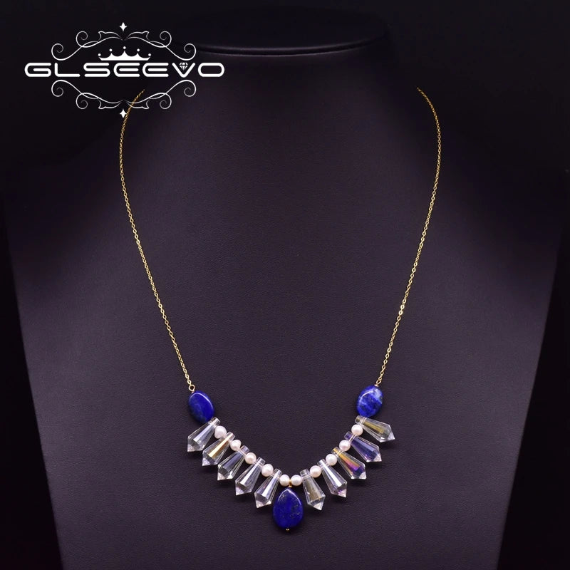 Natural Pearl Crystal Pendant Necklace Lapis Lazuli Silver 925 Jewelry