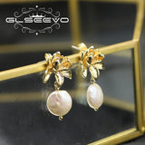 Lotus Baroque Pearls Drop Earrings Retro Light Metal Flower Jewelry
