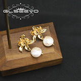 Lotus Baroque Pearls Drop Earrings Retro Light Metal Flower Jewelry
