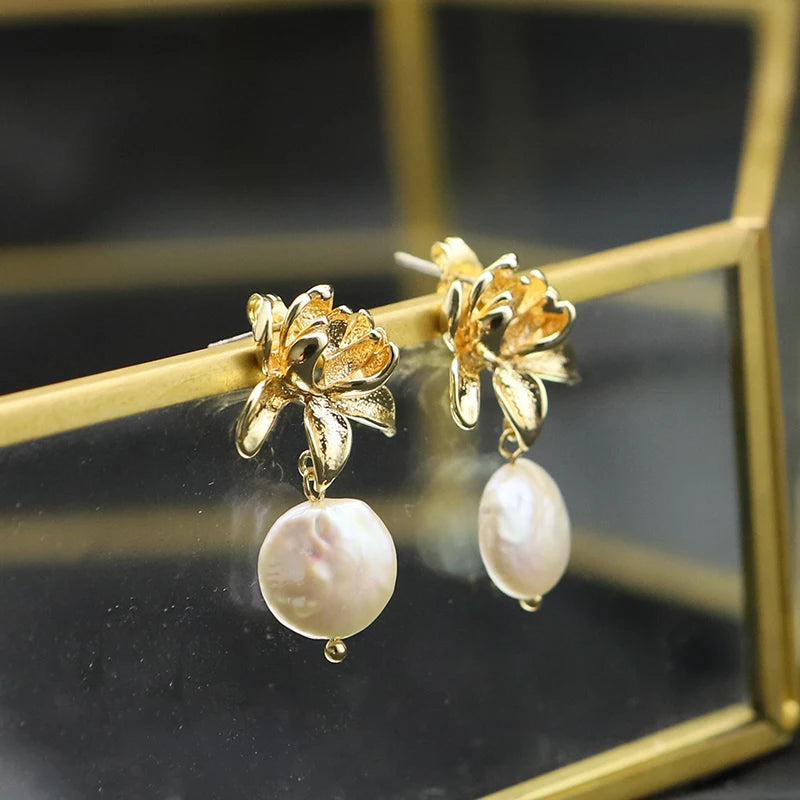 Lotus Baroque Pearls Drop Earrings Retro Light Metal Flower Jewelry