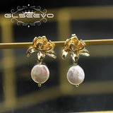 Lotus Baroque Pearls Drop Earrings Retro Light Metal Flower Jewelry