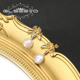 Lotus Baroque Pearls Drop Earrings Retro Light Metal Flower Jewelry