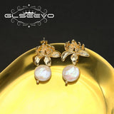 Lotus Baroque Pearls Drop Earrings Retro Light Metal Flower Jewelry