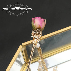 Rose Red Flowers Pearls Tassel Hairpins Women's Jewelry