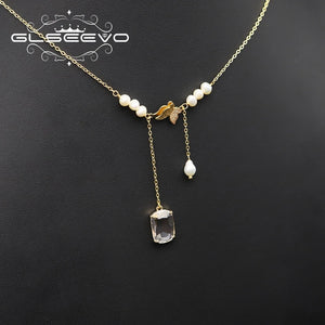 Shining Butterfly Pearl Long Chain Double Pendant Necklace Women