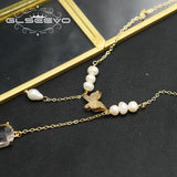 Shining Butterfly Pearl Long Chain Double Pendant Necklace Women
