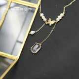 Shining Butterfly Pearl Long Chain Double Pendant Necklace Women