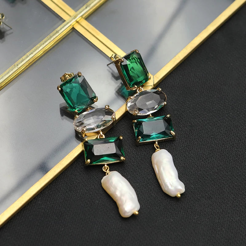 Emerald Crystal Baroque Pearls Drop Earrings