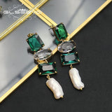Emerald Crystal Baroque Pearls Drop Earrings