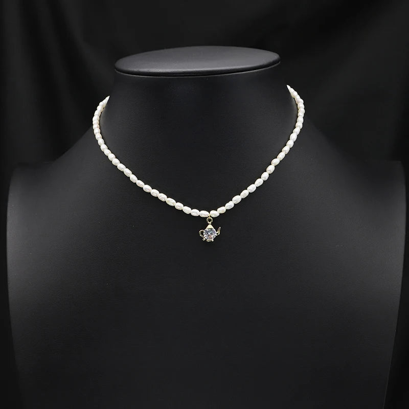 Zircon Teapot Natural Pearl Necklace