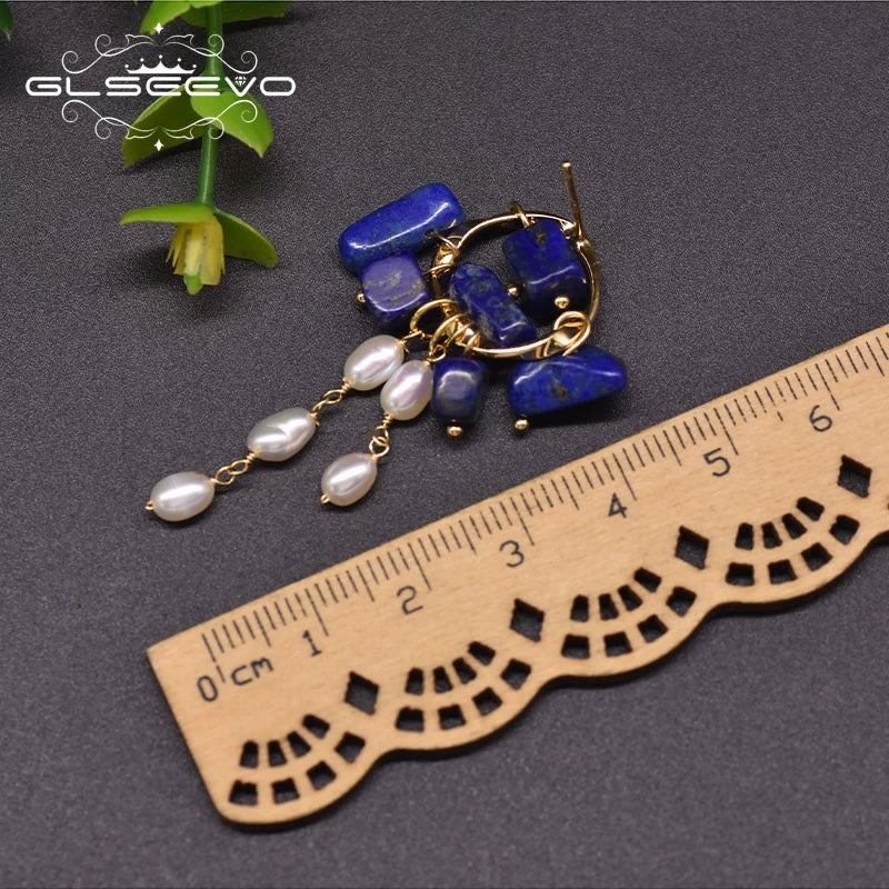 Tiger Lapis Pearl Earrings 925 Silver GE0991H