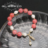 Watermelon Red Freshwater Pearl Bracelet Maple Leaf Stretch Retro Jewelry