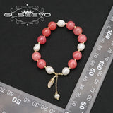 Watermelon Red Freshwater Pearl Bracelet Maple Leaf Stretch Retro Jewelry