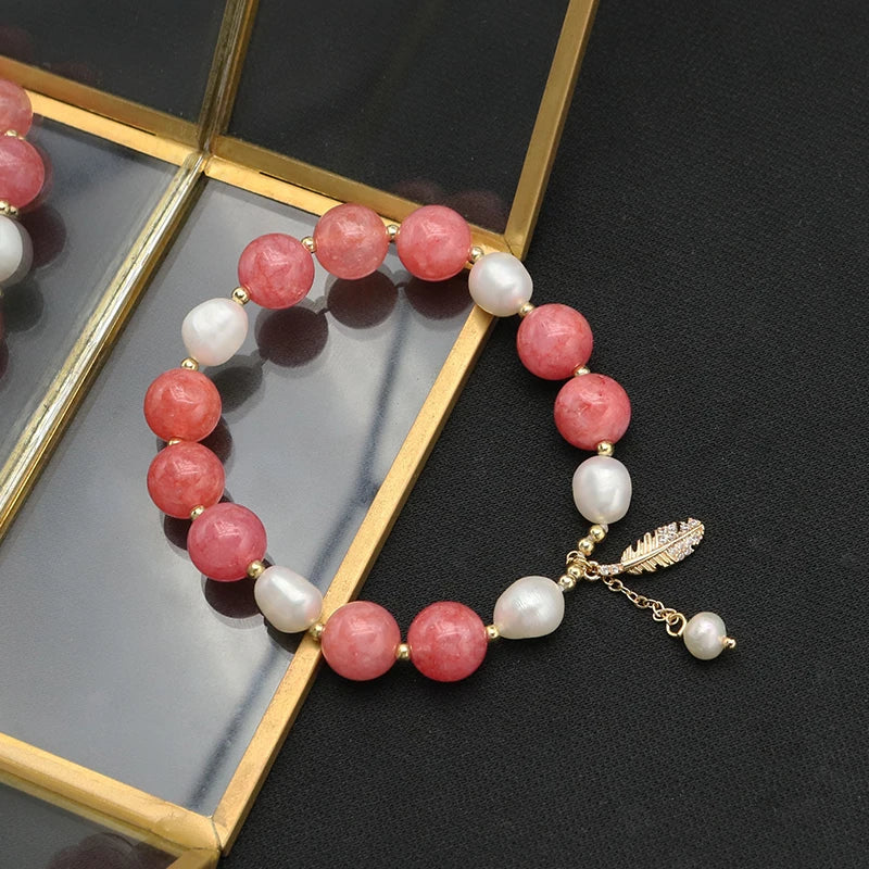 Watermelon Red Freshwater Pearl Bracelet Maple Leaf Stretch Retro Jewelry