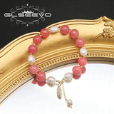 Watermelon Red Freshwater Pearl Bracelet Maple Leaf Stretch Retro Jewelry