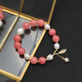 Watermelon Red Freshwater Pearl Bracelet Maple Leaf Stretch Retro Jewelry