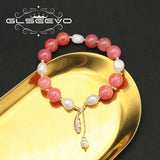 Watermelon Red Freshwater Pearl Bracelet Maple Leaf Stretch Retro Jewelry