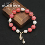 Watermelon Red Freshwater Pearl Bracelet Maple Leaf Stretch Retro Jewelry