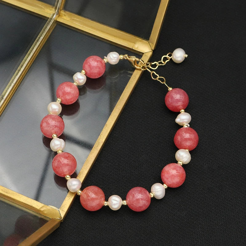 Watermelon Red Natural Pearls Woman Adjustable Bracelet