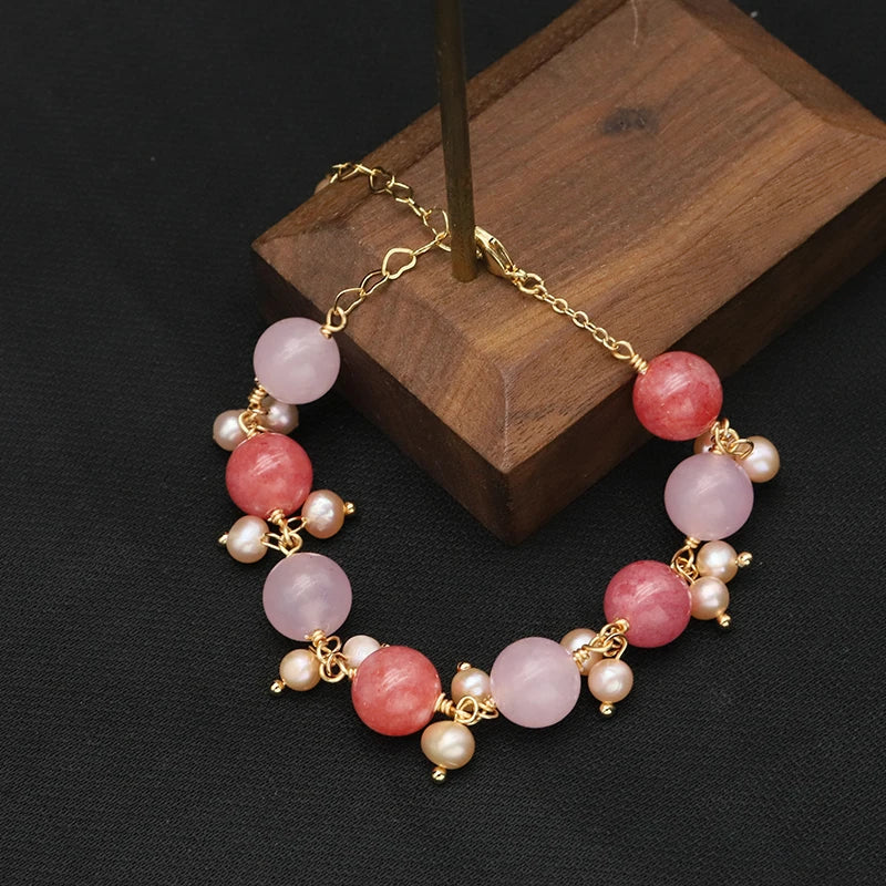 Watermelon Red Pink Natural Pearls Women's Bracelets Romantic Charm Fine Jewelry