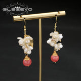 Watermelon Red Zircon Natural Pearls Ear Hooks Women Earrings