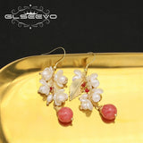 Watermelon Red Zircon Natural Pearls Ear Hooks Women Earrings