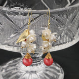 Watermelon Red Zircon Natural Pearls Ear Hooks Women Earrings