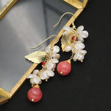 Watermelon Red Zircon Natural Pearls Ear Hooks Women Earrings