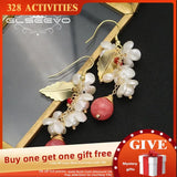 Watermelon Red Zircon Natural Pearls Ear Hooks Women Earrings