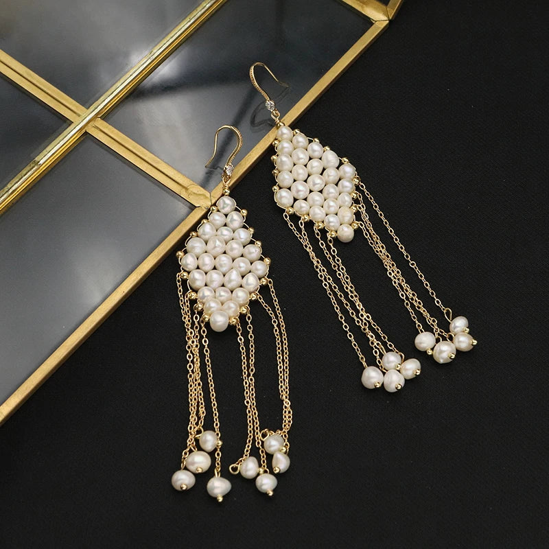 Lozenge Natural Pearls Tassel Earrings Drop Earrings