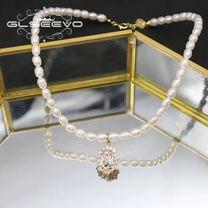 Freshwater Pearls Zircon Long Chain Necklace Women Jewelry GN0414
