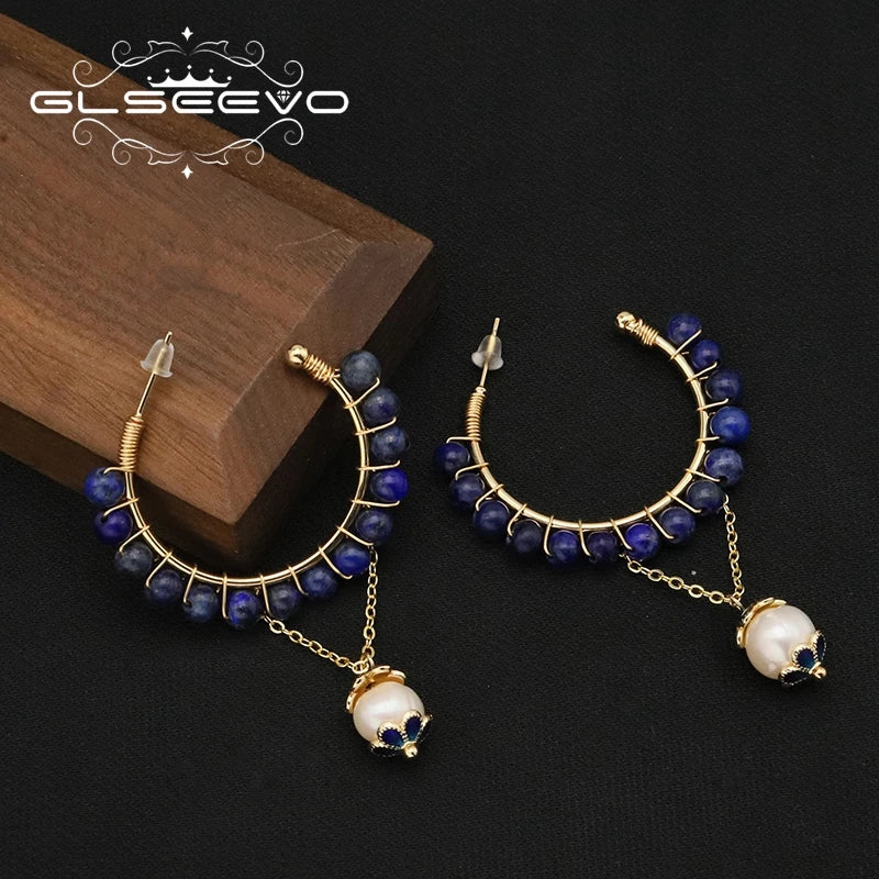 Lapis Lazuli Cloisonne Long Dangle Earrings Vintage Jewelry