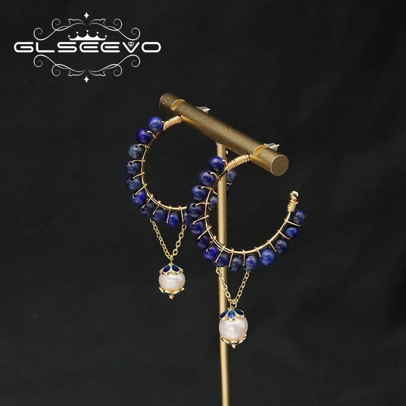 Lapis Lazuli Cloisonne Long Dangle Earrings Vintage Jewelry