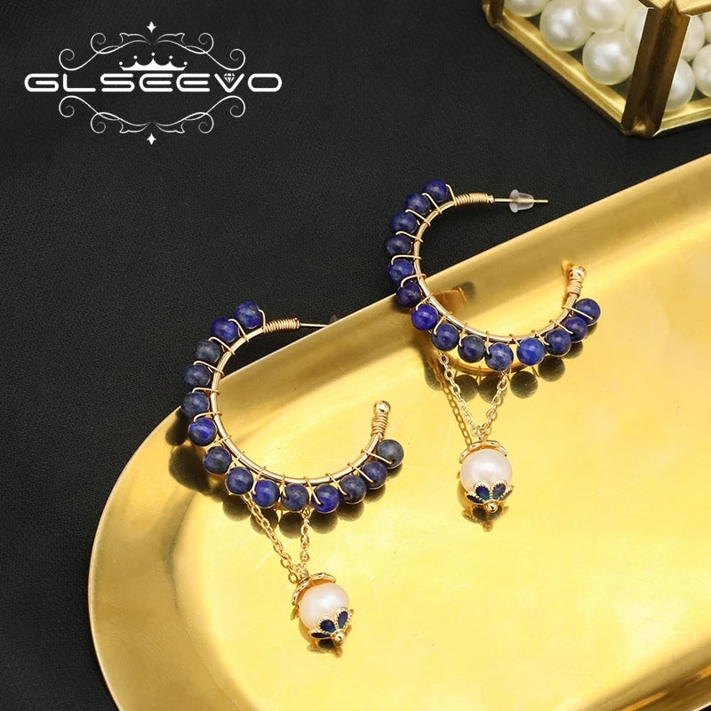 Lapis Lazuli Cloisonne Long Dangle Earrings Vintage Jewelry