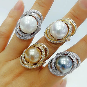 Twist Pearl Statement Ring Women Cubic Zircon Beads Charm Bohemian Beach Jewelry