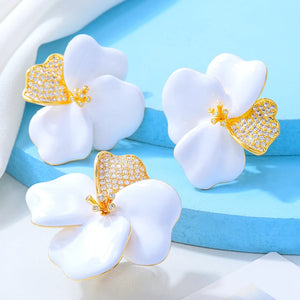 Begonia Flowers CZ Pave Earrings, Iregular Geometry Design