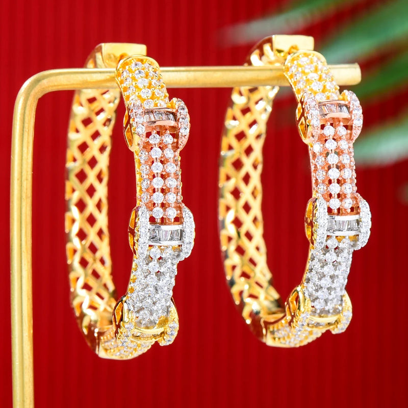 3 Tone Geometry CZ Statement Hoop Earrings for Weddings