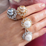Pearl Statement Rings for Women CZ Cocktail Finger Rings