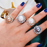 Pearl Statement Rings for Women CZ Cocktail Finger Rings
