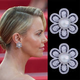 Famous 21mm Flower Pearl CZ Pave Bridal Earring