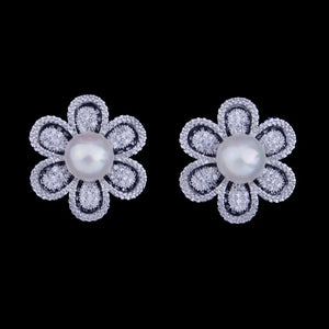 Famous 21mm Flower Pearl CZ Pave Bridal Earring