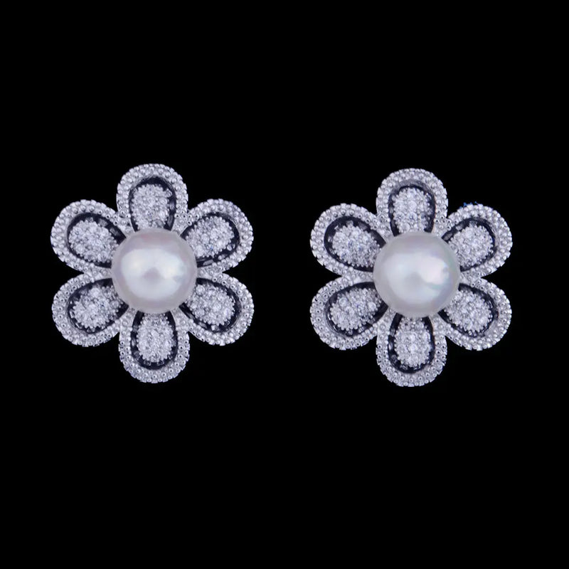 Famous 21mm Flower Pearl CZ Pave Bridal Earring