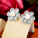 Famous 21mm Flower Pearl CZ Pave Bridal Earring