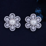 Famous 21mm Flower Pearl CZ Pave Bridal Earring