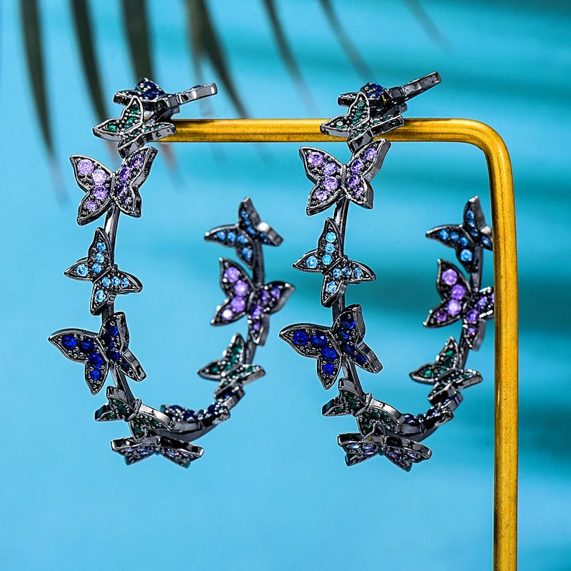 Butterflies Hoop Earrings Copper Pave Cubic Zirconia Women Earrings