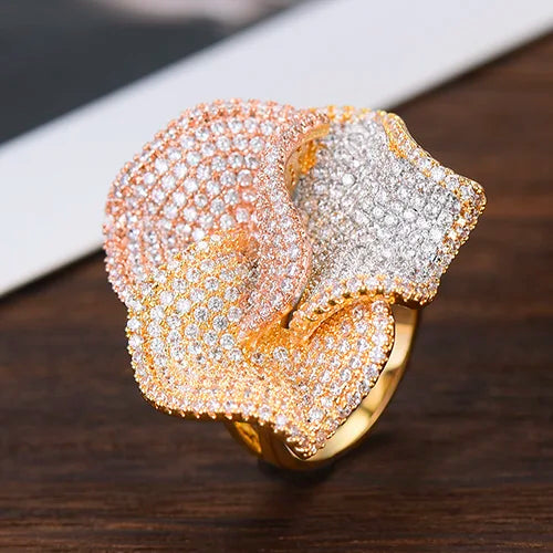 Big Flowers Statement Finger Rings for Women Wedding CZ Bridal Dubai Rings