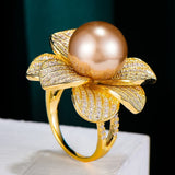 Big Pearl Flower Statement Rings with Zircon Stones