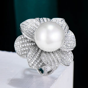 Big Pearl Flower Statement Rings with Zircon Stones